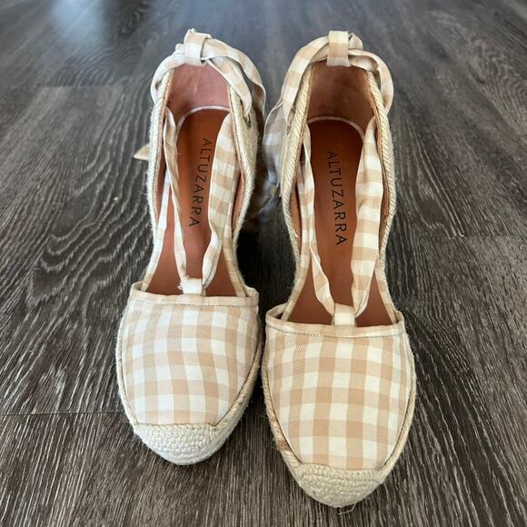 Altuzarra Stevie‎ Checked Espadrille Wedges Gingham Wrap Tie High Heel Size 6.5 - Picture 3 of 16